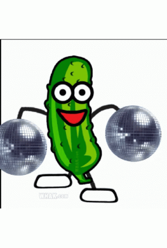a green cucumber and three disco balls are in the frame
