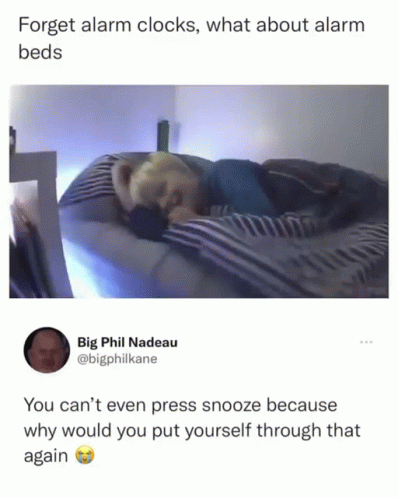 an image of a person in bed and the caption says, forgot alarm clocks what about alarm beds? you can't even press smooe because why would you put yourself through that again