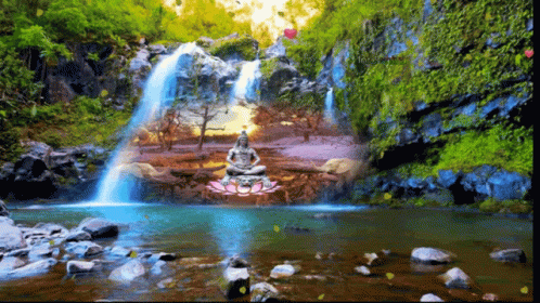 a man sits on a stone slab in the middle of a small pond in front of a waterfall