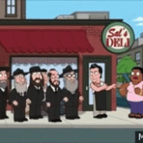 several people dressed as jewish men in front of a restaurant