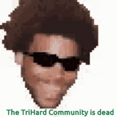 a woman with sunglasses and a hat that says the trihard community is dead