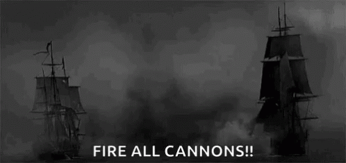 two ships on a rough river with captioning fire all cannons
