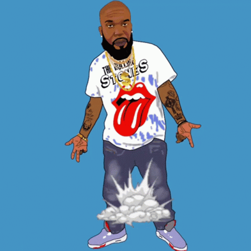 a digital painting of the rolling stones member, in pink shoes and a white shirt with blue tongue graphic on it