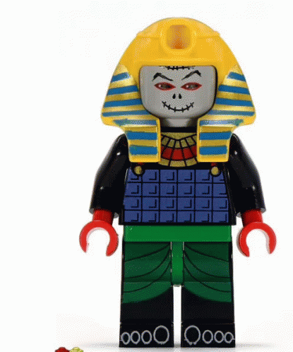 a lego skeleton is standing wearing a costume and with blue eyes