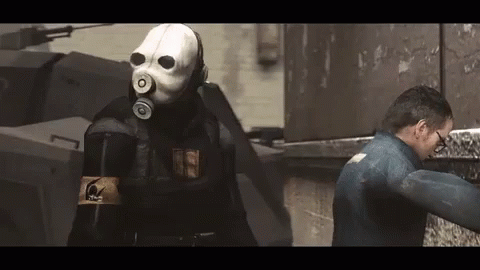 two people in a sci - fi horror scene with a gas mask