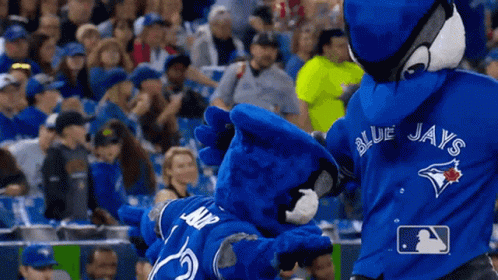a baseball player wearing an orange toronto blue jays mascot outfit and another person in orange and white