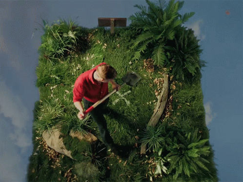 an art work of a man trimming grass on a wall