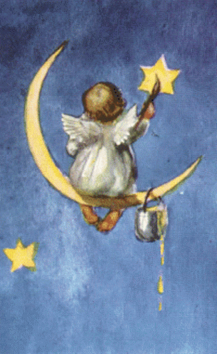 a painting of an angel sitting on the moon