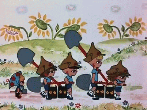 a cartoon painting of several men in costumes marching down the road