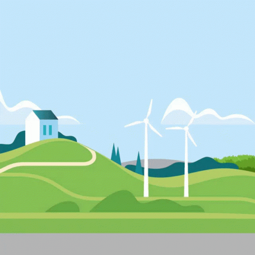 two windmills are on a hill near a street