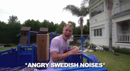 a man sitting in a chair next to an angry swedish noise