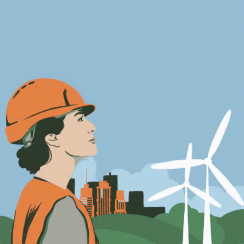 a girl wearing a helmet with wind turbines in the background
