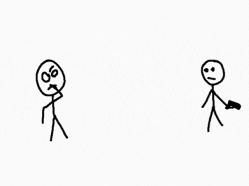 two stick figures, one with an object in his hand and the other with an object in