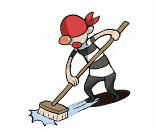 a cartoon character using a sweeper on a floor