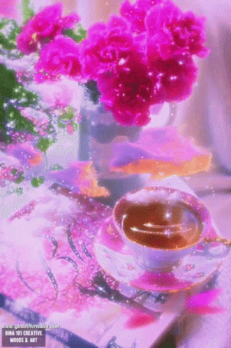 a table topped with a tea pot, cup and flowers