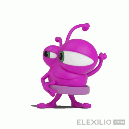 an animated figurine purple character sitting on top of a chair