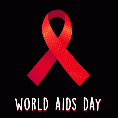 a blue ribbon on a black background with the words world aids day in the corner