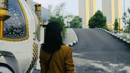 a woman stands in front of a semi truck