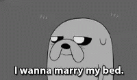 a cartoon character with the words i wan's a marry my bed