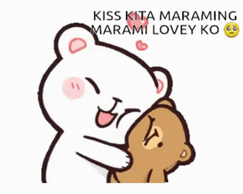 a teddy bear hugging a smaller bear with the caption kiss kitty maraami loey ko