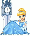 a girl in a blue wig next to a clock