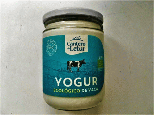 a jar of yogurt sits on a counter