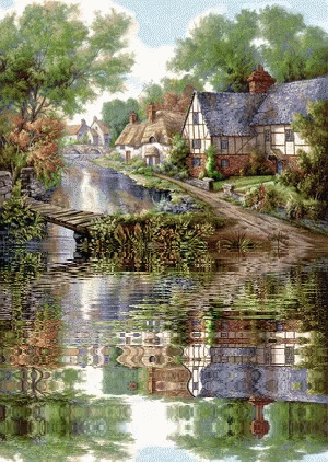 an artistic painting of a landscape with buildings and houses on the other side