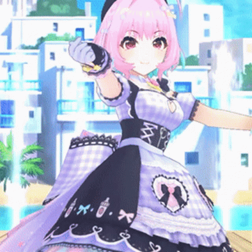an anime woman in a dress standing near a city