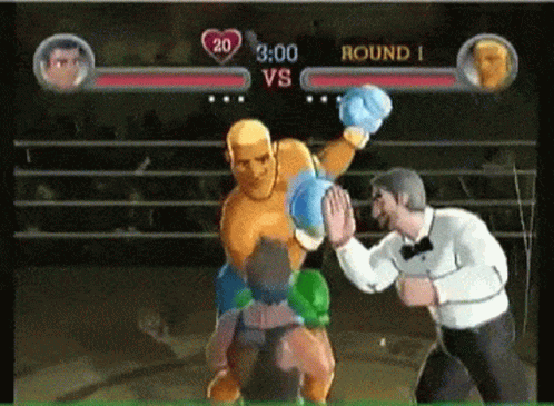 two boxing characters face each other in front of a screen s