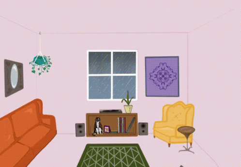 the interior of a modern living room in blue and pink
