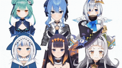 four anime girls with blue hair and two with green eyes