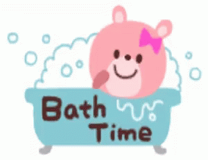 a smiling bear bathing itself in the tub