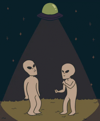 the two aliens stand talking on the moon