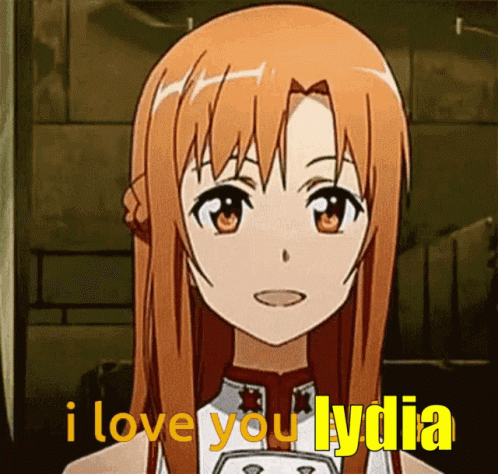 a girl with blue hair and anime lettering that says i love you hydra