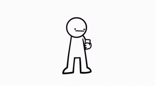 stick figure with cup looking sideways and smiling