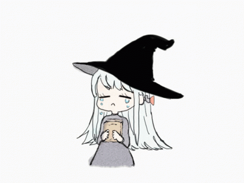 a cartooned image of a girl wearing a witches hat