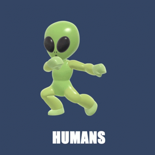 a green alien is running and the word humans is below it