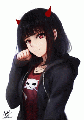 anime girl with long black hair wearing horns