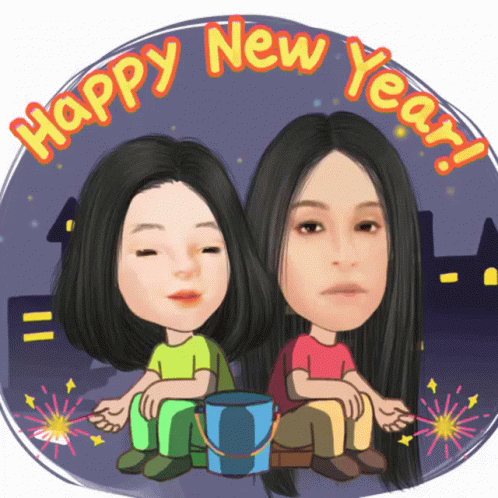 two women on a sticker with the words happy new year