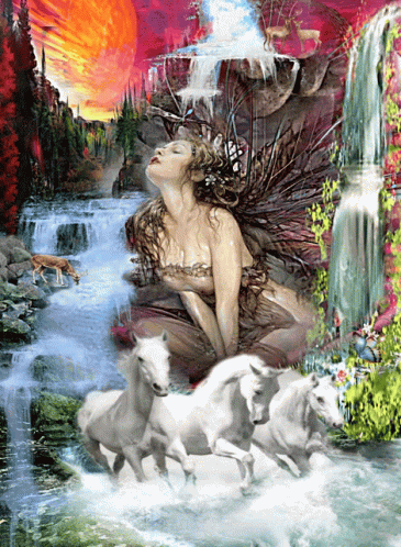 an artwork of a woman with angel wings above a waterfall