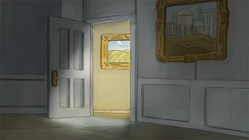 the interior view of a cartoon room shows a doorway to the outside