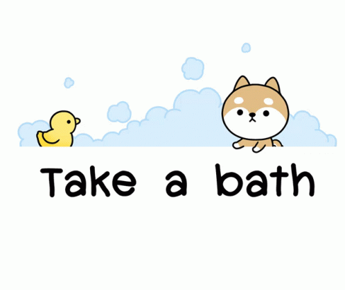 a cartoon cat next to a bath tub filled with bubbles