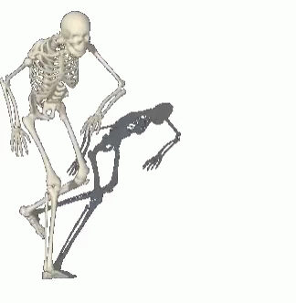 a skeleton walking past a dinosaur on the ground
