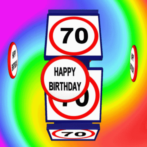 a carton with the words happy birthday in front of a colorful swirl