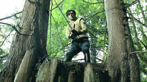 a person standing on a wooden stairway in the woods
