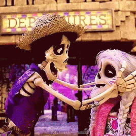 a skeleton couple is playing with each other in a room