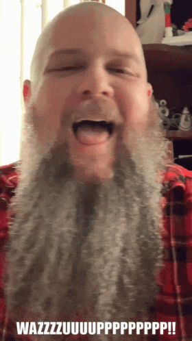 a man with a very long beard laughing
