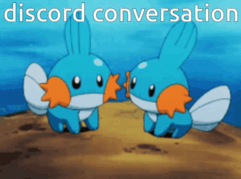 an animated of two pikachu walking over a blue body of water with text reading a discord conversation