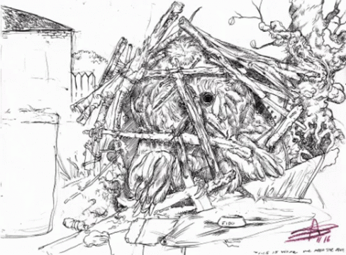 an ink drawing of the roof and tree tops of a cabin