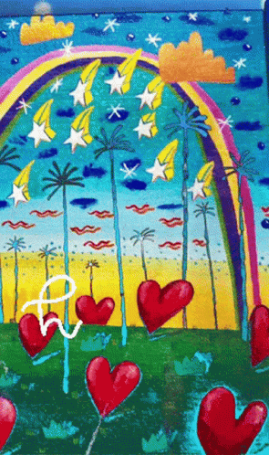 an artistic painting with stars and blue heart shaped objects
